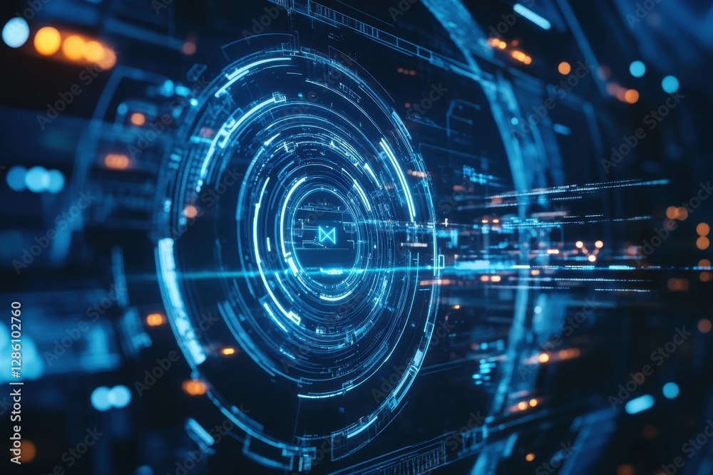 Glowing digital interface showcasing futuristic technology in a high-tech setting during a late-night ambiance. Generative AI Glowing digital interface showcasing futuristic technology in a high-tech setting during a late-night ambiance. Generative AI