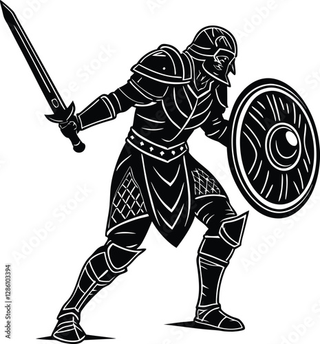 vector silhouette of a medieval knight with sword and shield ideal for historical fantasy warrior designs