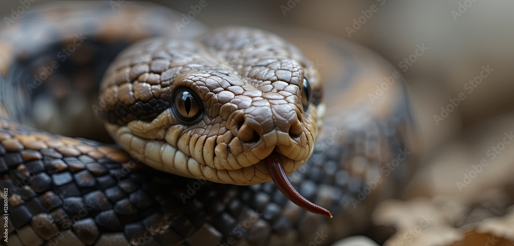 Obraz premium A serpent rests in its environment, allowing a close examination of its textured scales and flickering tongue. The snake appears alert, blending into the surroundings