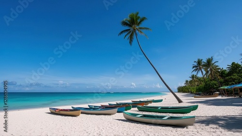 Sunset beach with small boat in the white sands