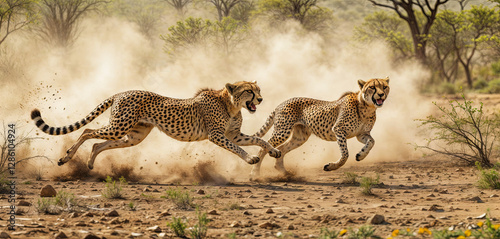 Fototapeta Naklejka Na Ścianę i Meble -  Two cheetahs race through a dusty environment, showcasing their speed and agility against a backdrop of sparse vegetation under a bright sky