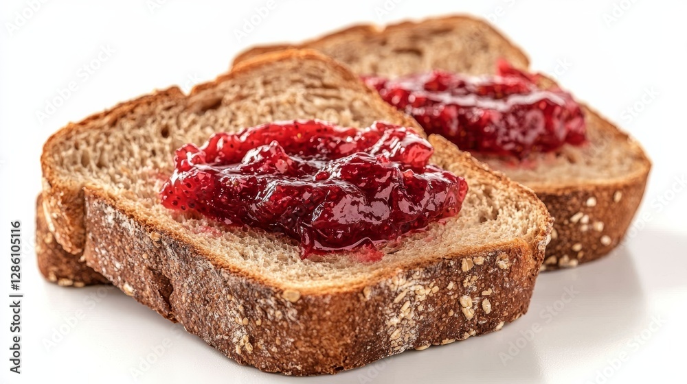 Close-up of Two Slices of Whole Wheat Bread with Raspberry Jam, Food Photography, Delicious Breakfast, Jam Toast Breakfast, Food Photography