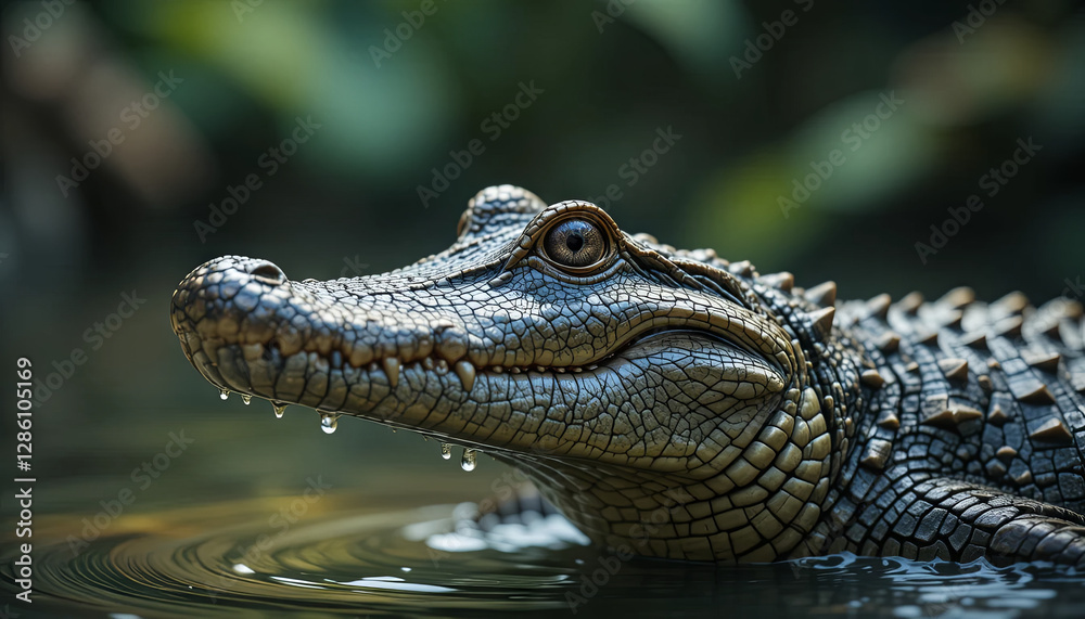 A crocodile with distinct textured scales and water droplets clinging to its snout is resting partially submerged, hinting at a serene atmosphere amid tropical foliage A crocodile with distinct textured scales and water droplets clinging to its snout is resting partially submerged, hinting at a serene atmosphere amid tropical foliage