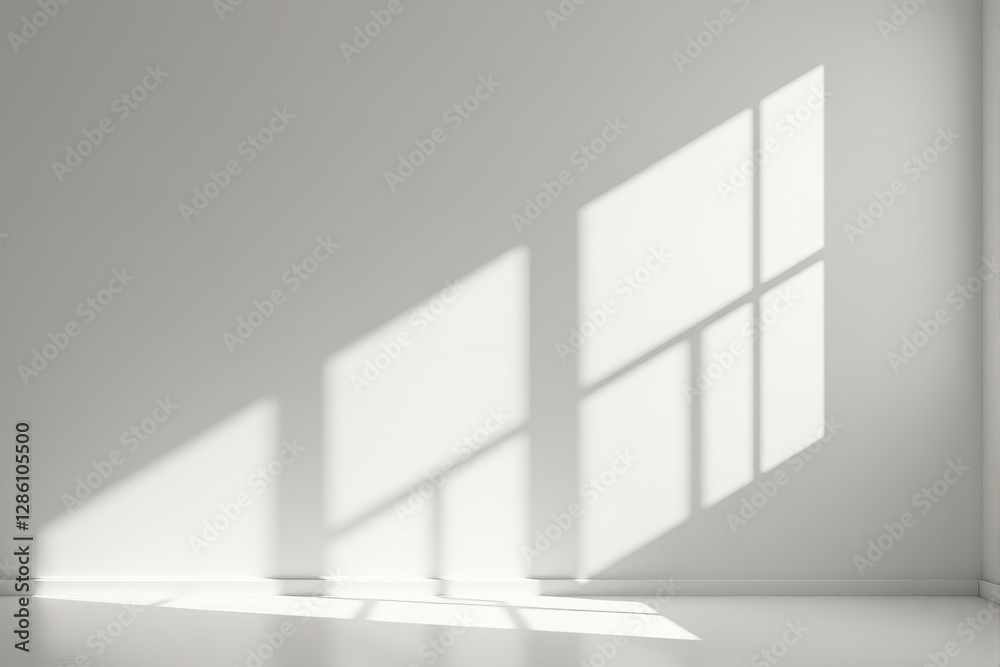Fototapeta premium Strong morning light casting intricate window frame shadows on a minimalist white wall abstract and artistic lighting pattern