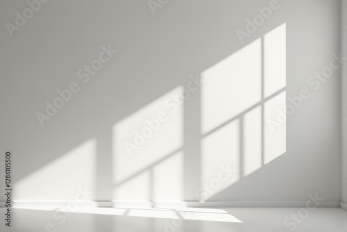 Strong morning light casting intricate window frame shadows on a minimalist white wall abstract and artistic lighting pattern