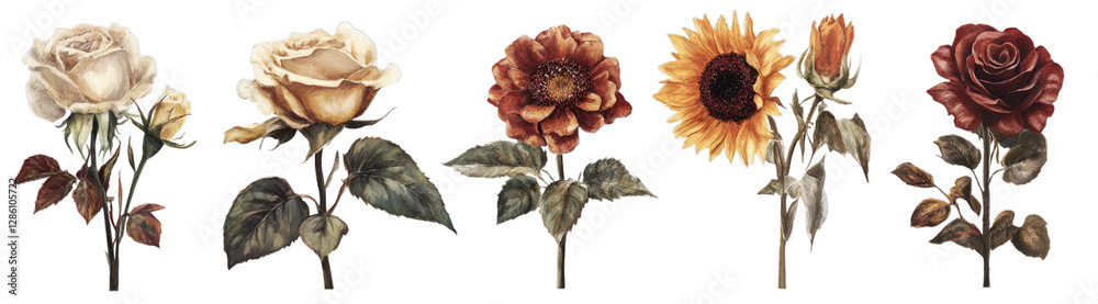 Fototapeta premium Variety of beautiful roses and sunflower with detailed petals and leaves