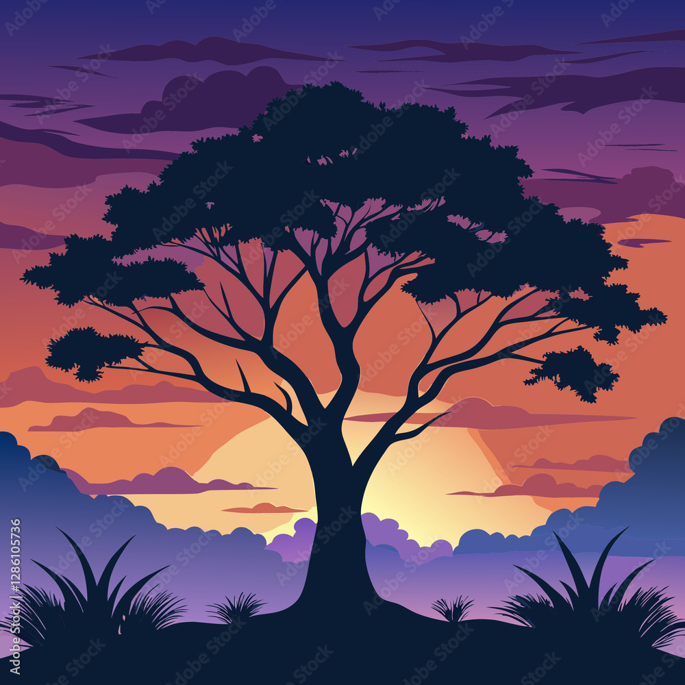 dramatic silhouette of tree against twilight sky