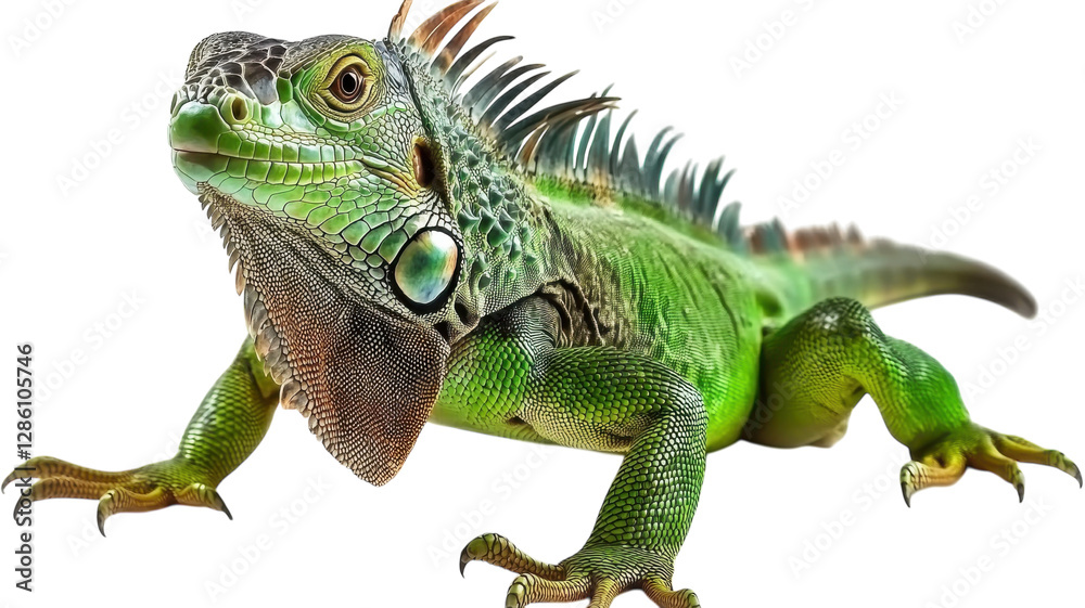 Fototapeta premium Green iguana poses on a white background showcasing vibrant scales and unique features in natural light