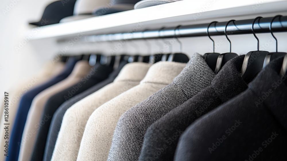 Fototapeta premium Organized coats hanging in closet; hats on shelf. Lifestyle use