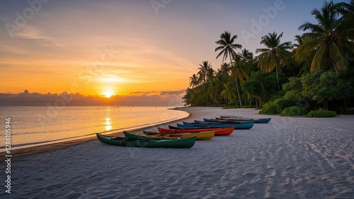Sunset beach with small boat in the white sands