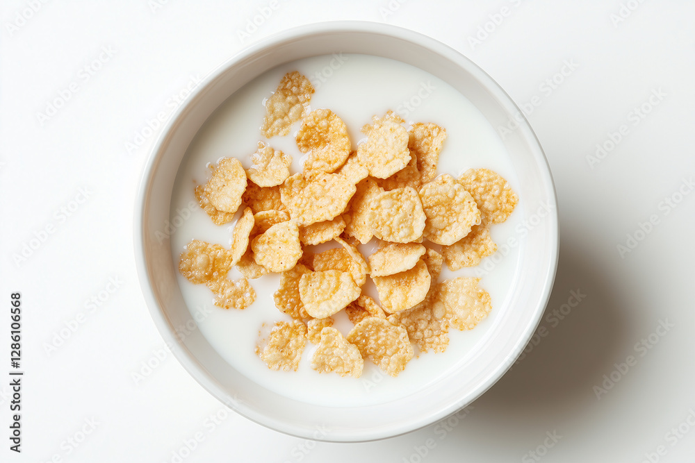 Breakfast Cereal: A high-angle shot captures a bowl of crispy cereal in creamy milk, offering a tempting view of a wholesome breakfast. Breakfast Cereal: A high-angle shot captures a bowl of crispy cereal in creamy milk, offering a tempting view of a wholesome breakfast.
