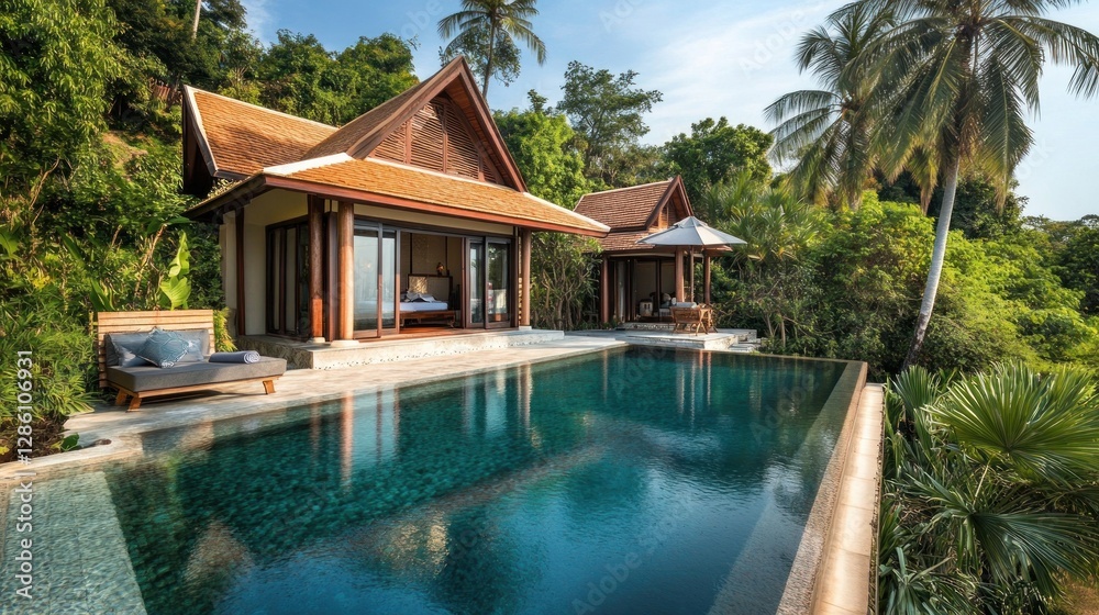 Fototapeta premium Luxury Villa with Infinity Pool Overlooking Lush Tropical Landscape