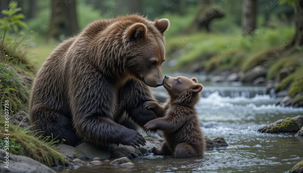 A mother bear gently touches noses with her curious cub near a flowing river. The lush forest setting, illuminated by soft morning light, creates a peaceful atmosphere A mother bear gently touches noses with her curious cub near a flowing river. The lush forest setting, illuminated by soft morning light, creates a peaceful atmosphere