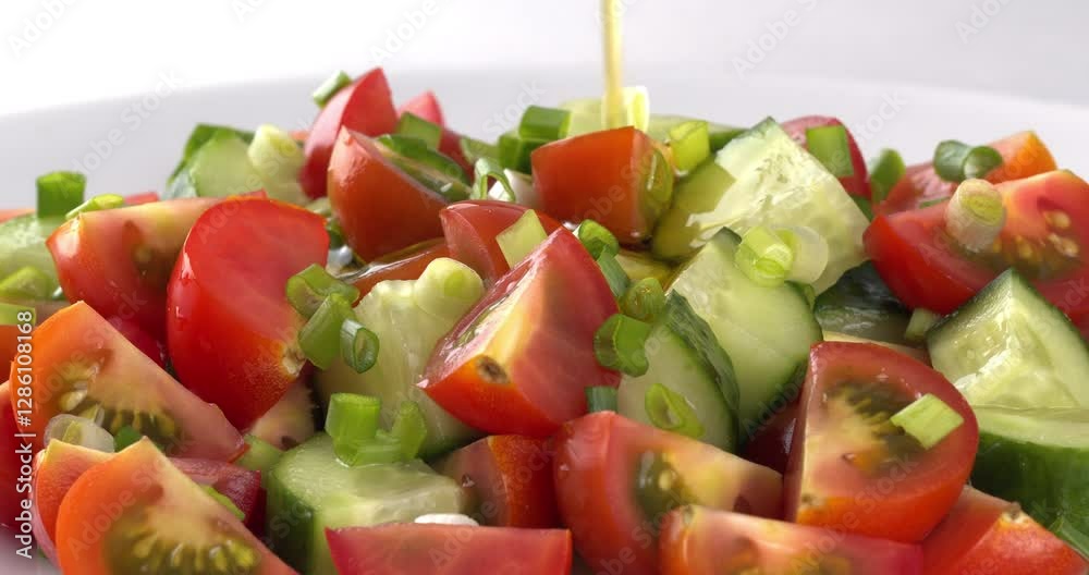 Olive oil is poured into salad with fresh cucumbers, tomatoes and onions. Olive oil is poured into salad with fresh cucumbers, tomatoes and onions.