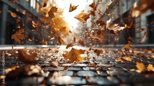 The scene captures autumn leaves effortlessly dancing in mid-air, expressing nature's beauty and harmony within a serene urban backdrop amidst light rain.