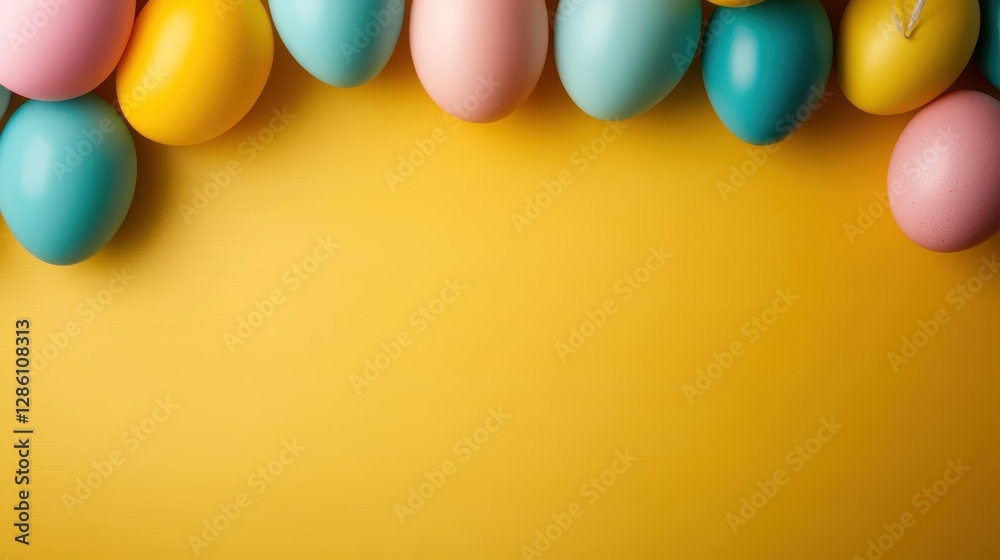 A charming collection of pastel Easter eggs creates a delightful scene of color and joy set against a bright yellow backdrop, perfect for spring celebrations. A charming collection of pastel Easter eggs creates a delightful scene of color and joy set against a bright yellow backdrop, perfect for spring celebrations.