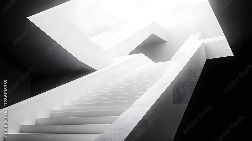 Fototapeta premium Ascending to the Light: A stark, minimalist architectural photograph of a grand staircase leading upwards, bathed in ethereal light, evoking a sense of aspiration and journey.