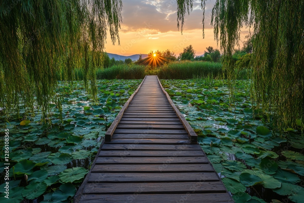 Obraz premium Wooden boardwalk over tranquil pond surrounded by greenery