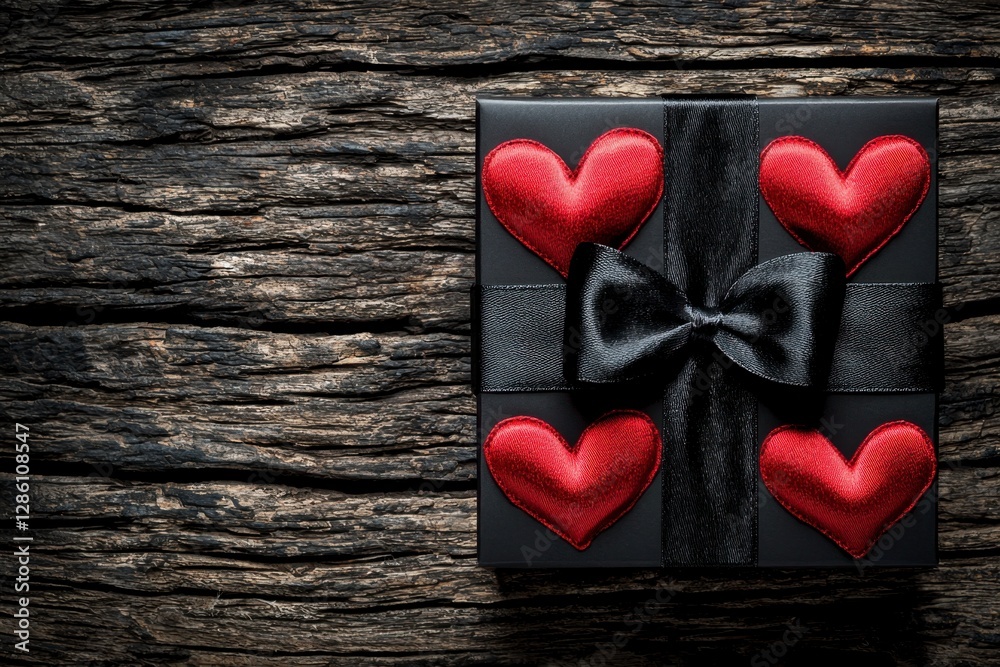 Fototapeta premium Elegant Black Gift Box with Red Heart Design on Rustic Wooden Surface