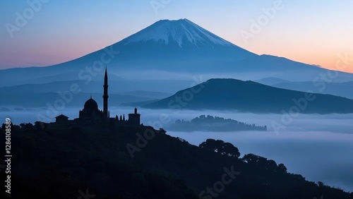Silhouette of Mosque in the top of cloudy hills with mountain background