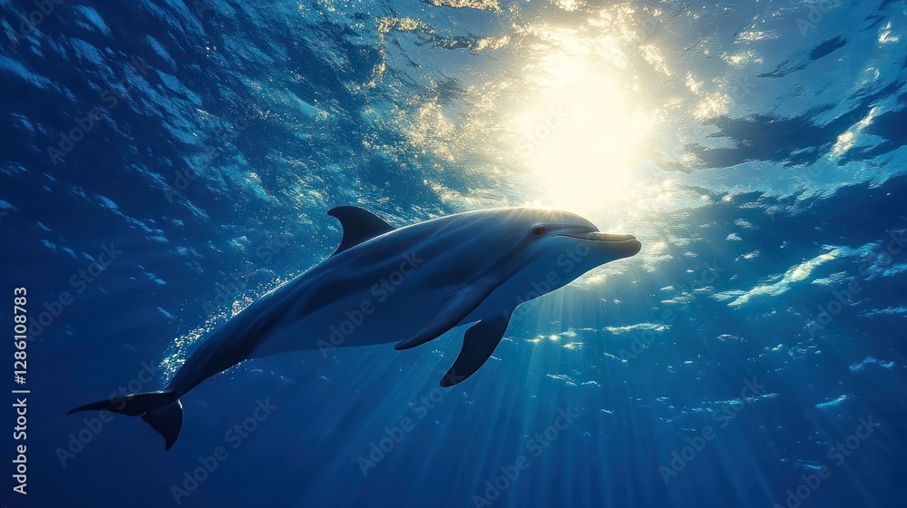 Fototapeta premium Dolphin swimming underwater, sunlight beams through water, clouds