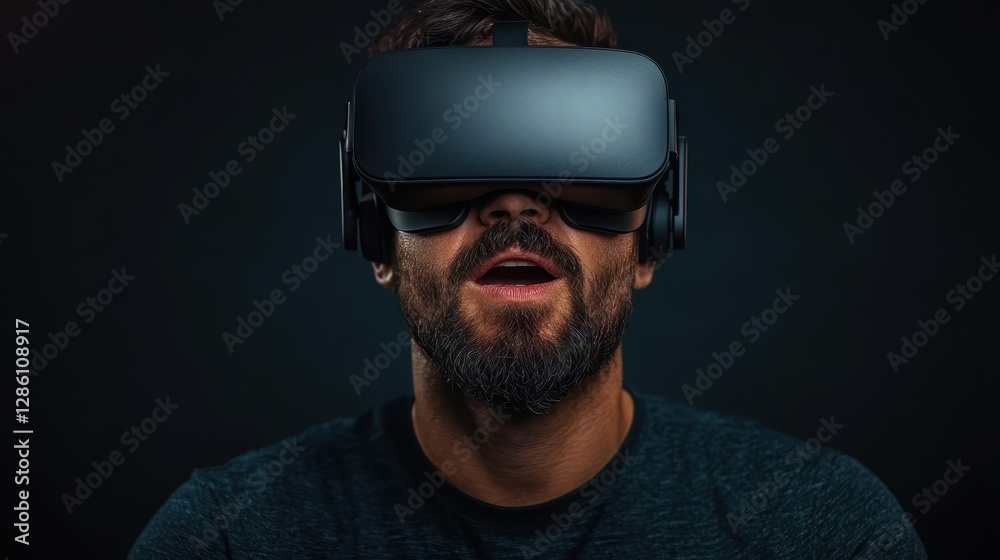 Fototapeta premium This image captures a man with a focused expression while wearing a VR headset, symbolizing the thrilling and engaging nature of virtual reality technology.