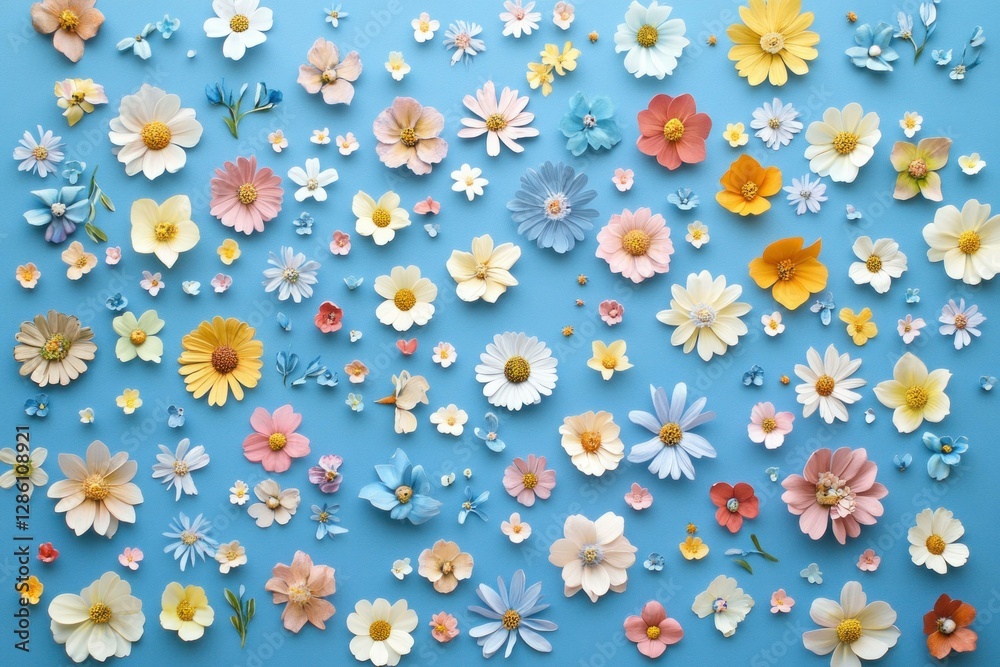 A vibrant collection of colorful paper flowers on a soft blue background, showcasing a delightful spring theme with various floral designs and pastel colors A vibrant collection of colorful paper flowers on a soft blue background, showcasing a delightful spring theme with various floral designs and pastel colors