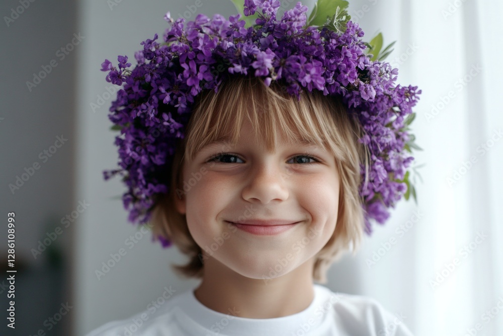 Morning rays. Happy caucasian child boy with blond hair wearing purple flower crown on his head. Happy holiday season holidays visual creative design art. Young traveler in nature.