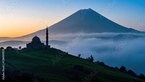 Silhouette of Mosque in the top of cloudy hills with mountain background