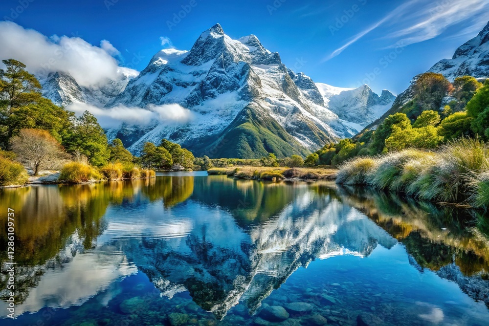 Obraz premium Mirror Lake New Zealand: Close-Up Snow on Mountain Peak - Stunning Winter Landscape Photography