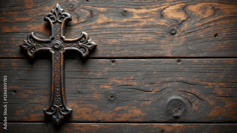 An old wooden cross mounted on a weathered wall. An old wooden cross mounted on a weathered wall.