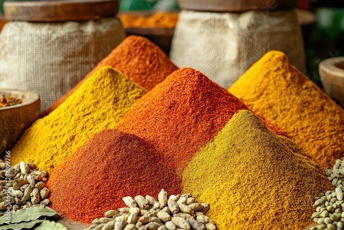 An assortment of vibrant spices in yellow and orange hues, forming textured mounds, complemented by cardamom pods, alluding to rich flavors and aromatic cooking traditions. photo
