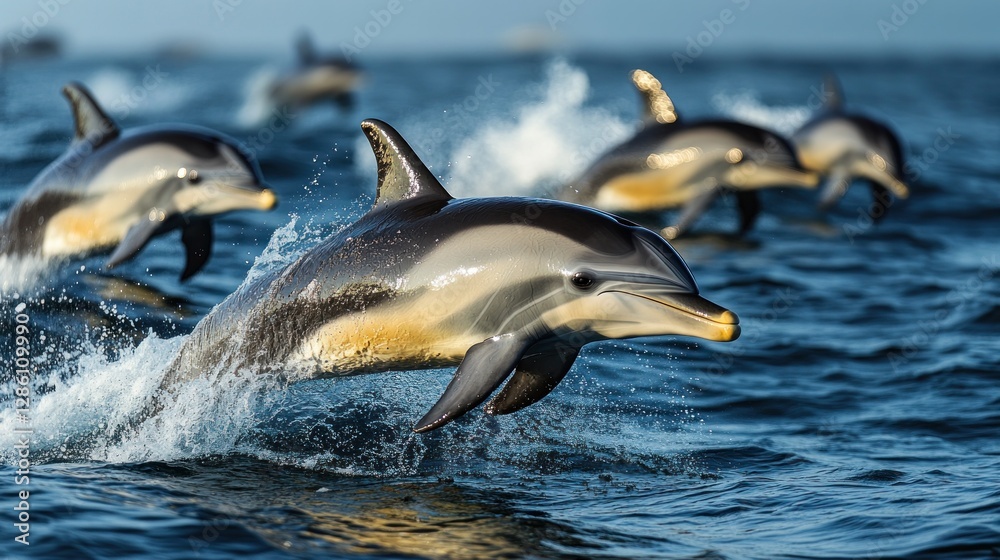Fototapeta premium Dolphins jumping in ocean, playful pod in the wild
