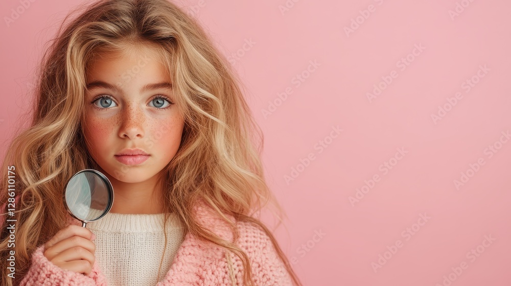 A contemplative young girl holds a magnifying glass, gazing intently, with her wavy hair framing her face against a soft pink background, inviting curiosity and wonder. A contemplative young girl holds a magnifying glass, gazing intently, with her wavy hair framing her face against a soft pink background, inviting curiosity and wonder.