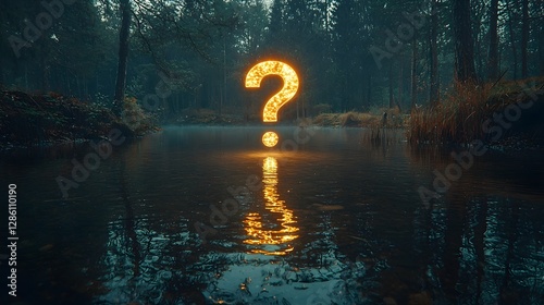 Glowing Question Mark Reflected in Serene Lake Symbolizing Introspection and Search for Life s Truths