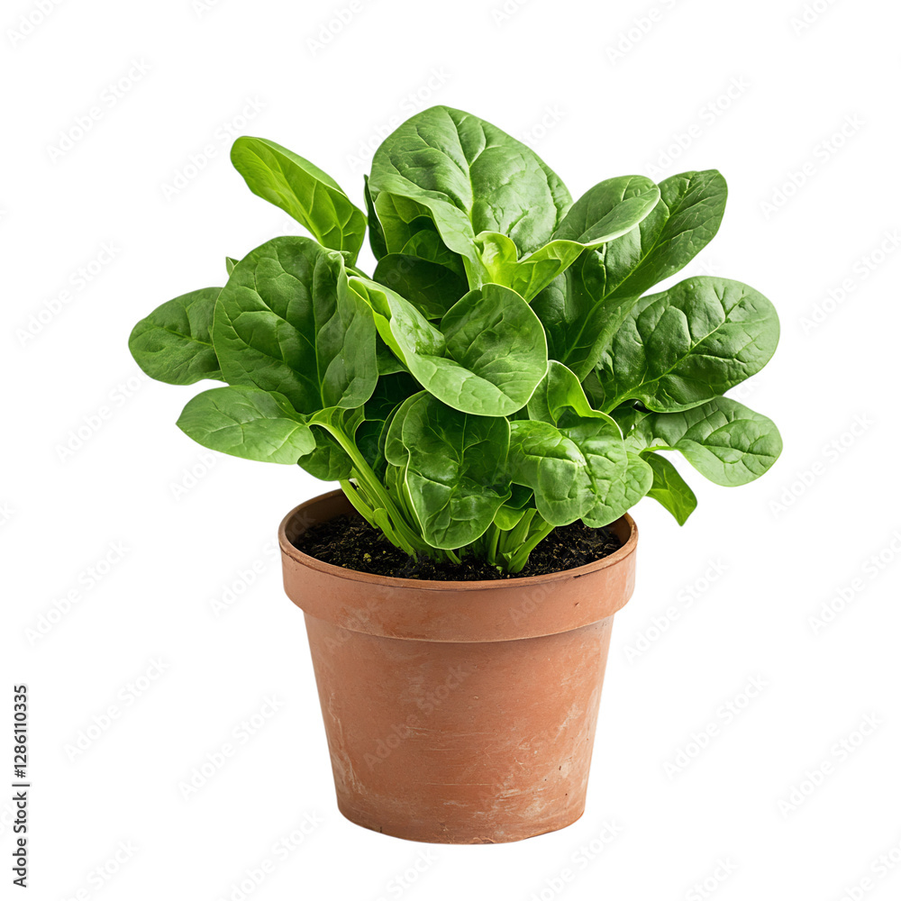 A Small Potted Spinach Plant with Dark Green Leaves Isolated on Transparent Background A Small Potted Spinach Plant with Dark Green Leaves Isolated on Transparent Background