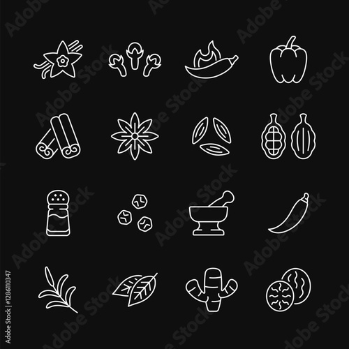 Spice and seasoning line white icon set on black background. Vector collection condiment with vanilla, clove, hot pepper, cinnamon, anise star, salt shaker, ginger and nutmeg. Editable stroke.