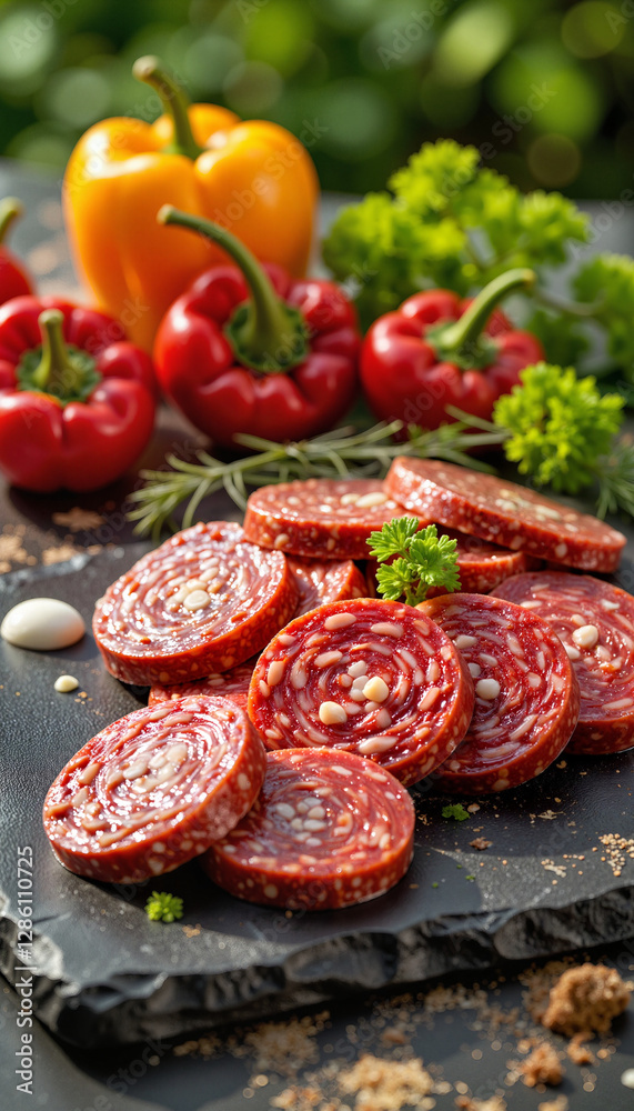 Artistic arrangement of Spanish chorizo slices on slate board, culinary appeal Artistic arrangement of Spanish chorizo slices on slate board, culinary appeal