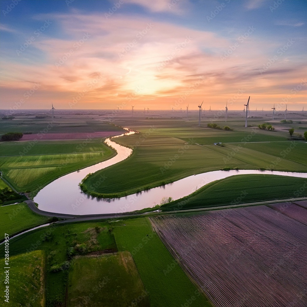 Obraz premium A serene drone shot of a winding river cutting through a vast, flat plains landscape, with sunset on the horizon