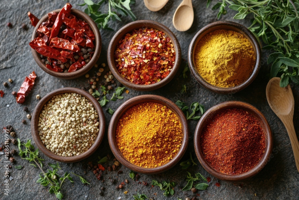 An array of aromatic spices and herbs in rustic wooden bowls, creating a colorful and flavorful composition that celebrates culinary art and the essence of cooking. An array of aromatic spices and herbs in rustic wooden bowls, creating a colorful and flavorful composition that celebrates culinary art and the essence of cooking.