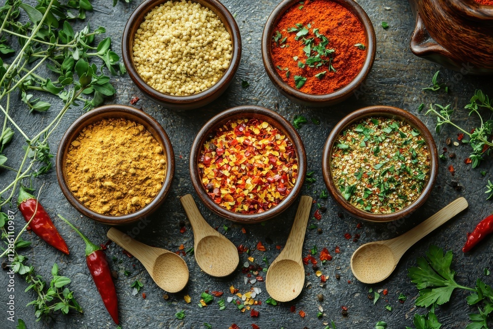 An array of spices and herbs in wooden bowls with spoons, set against a dark, textured backdrop, creating a vibrant and aromatic culinary still life composition. An array of spices and herbs in wooden bowls with spoons, set against a dark, textured backdrop, creating a vibrant and aromatic culinary still life composition.