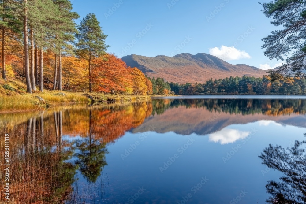 Serene autumn lake with golden trees reflecting in calm water Serene autumn lake with golden trees reflecting in calm water