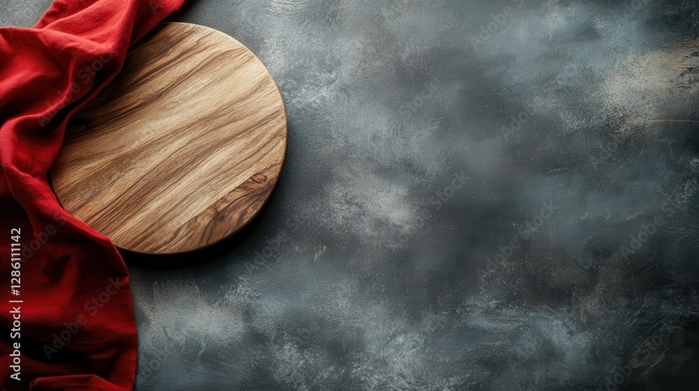 This image features a rustic wooden board, beautifully accented by a vibrant red cloth, positioned against a dark textured surface, perfect for culinary presentations.
