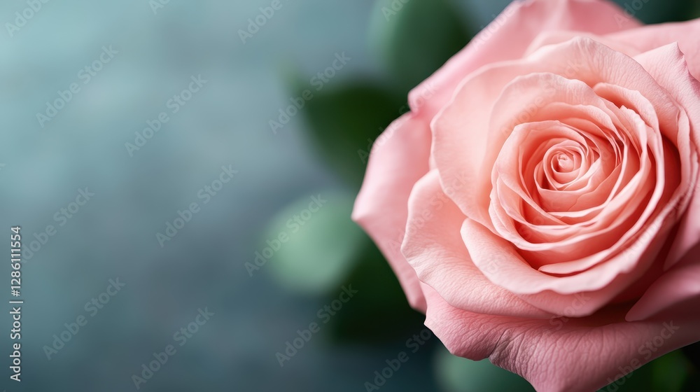The image features a stunning pink rose in close-up, showcasing its delicate petals and soft hues against a blurred green background, symbolizing love and beauty.