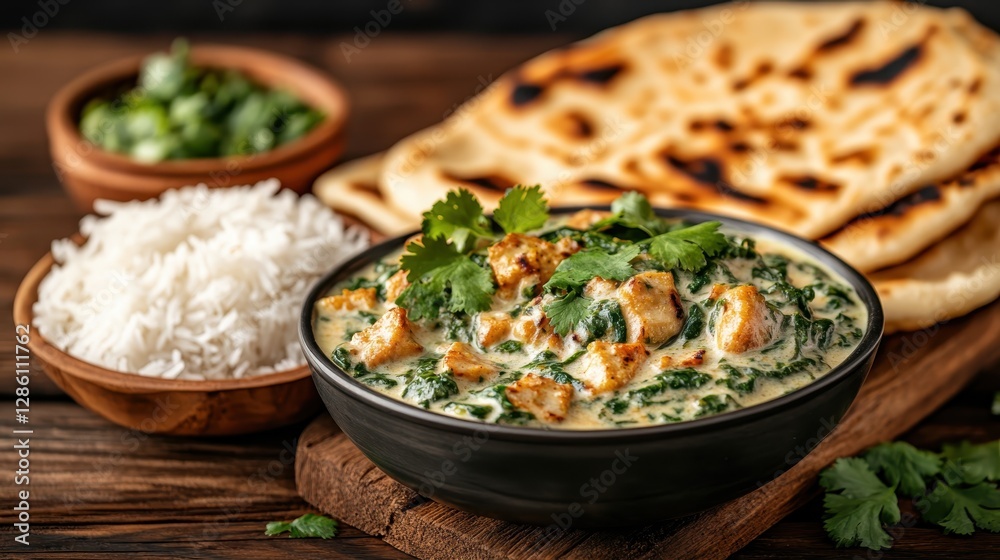 A delicious creamy spinach chicken curry served with fluffy rice and warm naan bread, offering a perfect blend of flavors in a rustic wooden setting. A delicious creamy spinach chicken curry served with fluffy rice and warm naan bread, offering a perfect blend of flavors in a rustic wooden setting.
