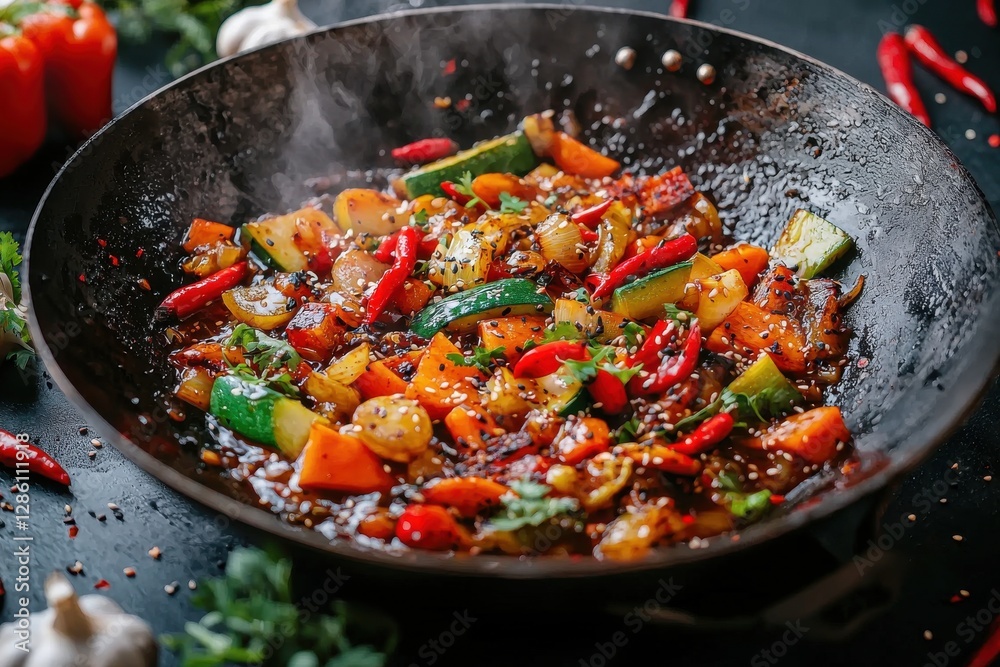 A steaming wok filled with a vibrant vegetable stir-fry, featuring red chili peppers and sesame seeds, set against a dark, moody backdrop with fresh herbs. A steaming wok filled with a vibrant vegetable stir-fry, featuring red chili peppers and sesame seeds, set against a dark, moody backdrop with fresh herbs.