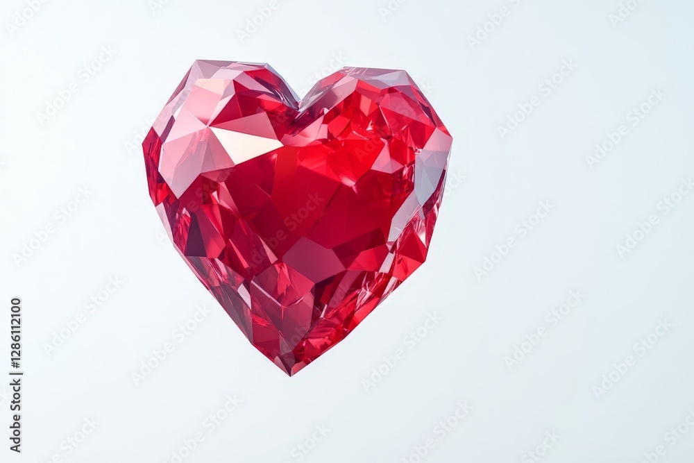 Shiny faceted red crystal heart floating against clean white background with bright reflections and intricate details creating luxurious and elegant romantic gemstone concept Shiny faceted red crystal heart floating against clean white background with bright reflections and intricate details creating luxurious and elegant romantic gemstone concept
