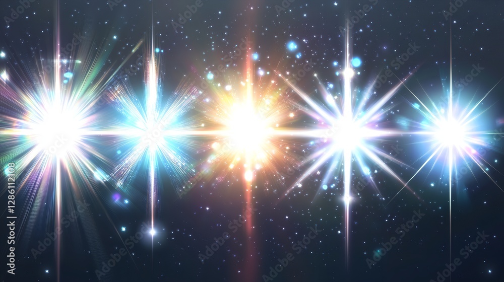 Obraz premium Celestial fireworks illuminate the night sky, a vibrant cosmic ballet of multicolored stars bursting with radiant energy and dazzling light beams.