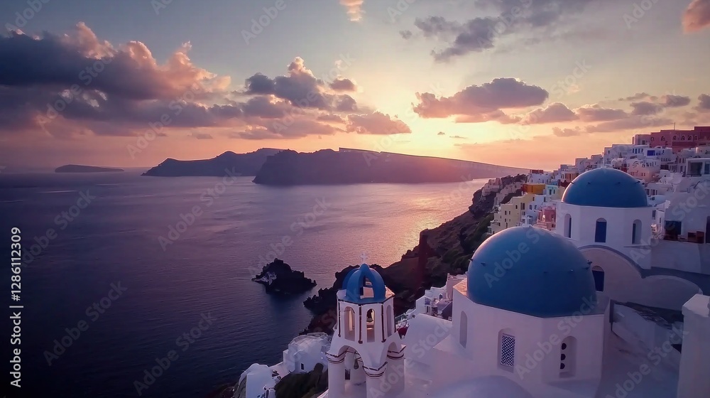 Fototapeta premium Sunset over Oia, Santorini: Aegean Sea Panorama