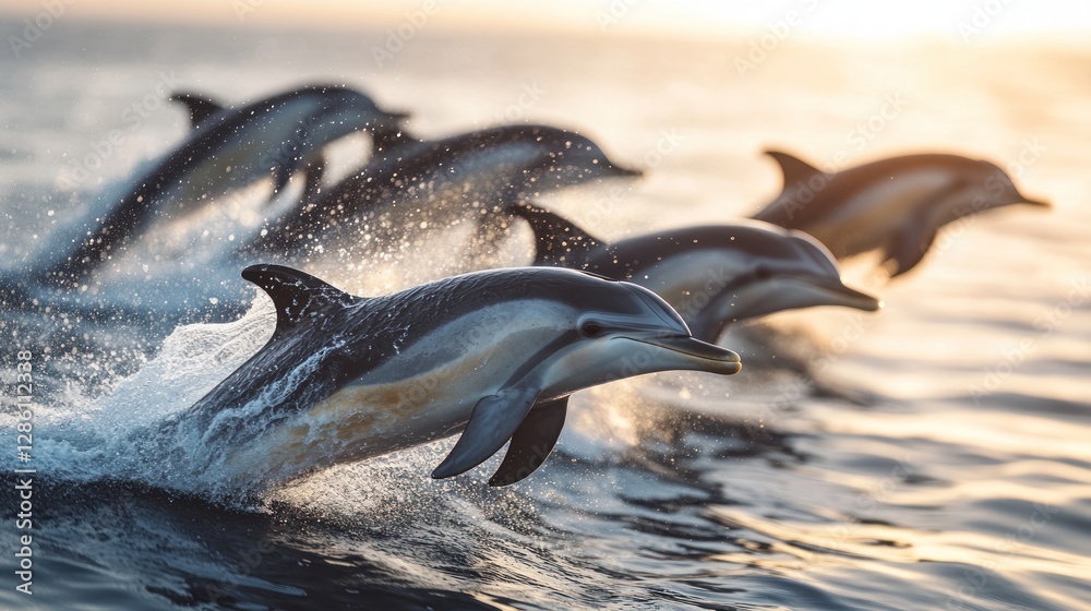 Fototapeta premium Dolphins leaping in ocean at sunrise